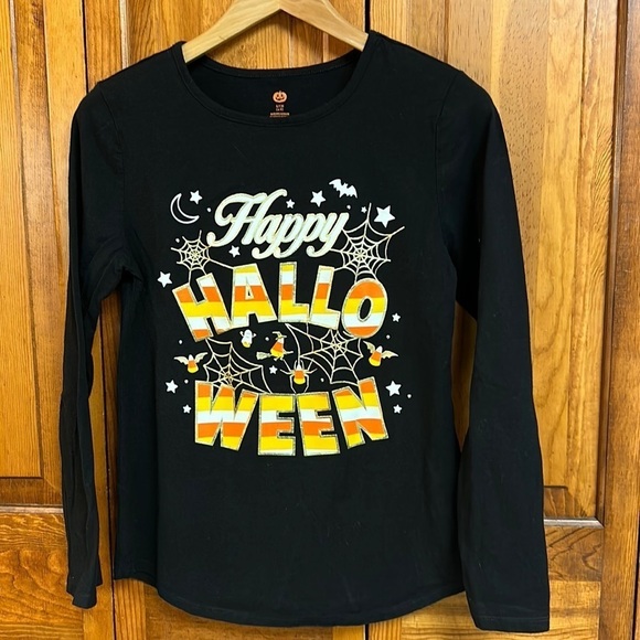 Happy Halloween Graphic Long-sleeved Black Tee Candy Corn Embossed Size 4-6 - Picture 2 of 5